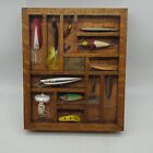 Vintage Fishing Lures In Display Case Oak Nip-i-diddee Luhr Jensen Jitterbug