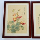 Japanese Pair Framed Silk Painting Of Flowers Blossoms Butterfly 11x15 Inch Sign