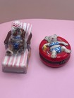 Lot Of 2 Vintage Porcelain Hinged Trinket Boxes Summer Sun Bathing Mouse   Dog