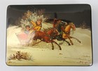 Vintage Fedoskino Russian Lacquer Box 4 25  Troika Horses Sleigh Hand Painted