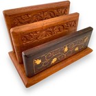 Carved Wood Letter Holder Desk Caddy Vintage Brass Inlay Desk Organizer