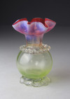 Antique Victorian Cranberry   Vaseline Art Glass Vase W  Ruffled Top Rim - Read 