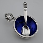 Sterling Georg Jensen Acorn Salt Cellar   Spoon Cobalt Blue Enamel    199 Each