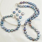 Natural 8-9mm Black Freshwater Baroque Pearl Necklace 18   Bracelet Earrings Set