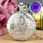 Steampunk Vintage Train Pattern Pocket Watch Quartz Led Light Analog Gifts Xmas
