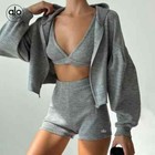 Alo Yoga Knit Hooded Cardigan Hoodie V-neck High-waisted Shorts Three-piece Set