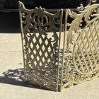 Vintage French Country Cast Iron White Three Panel Fireplace Screen