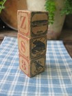 3 Antique Wood Alphabet Abc Blocks Chickens Cow Barn