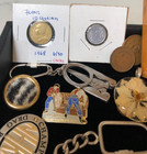 Junk Drawer Lot Estate Coins Keychains Pins Box Keys Brass Belt Buckle Stamps
