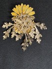 Vintage Corocraft Yellow Flower Brooch Enamel Green Leaves Mid Century