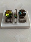 Vintage Phoenix Fashion Flare Cufflinks   Tie Clip Set     Iridescent Rainbow Crys