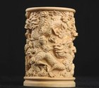 Chinese Boxwood Hand Carved Jiulong Pen Holder Statue Decoration
