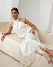 Women   s White Halter Neck Fringe Maxi Dress Elegant Evening Party Wedding Gown
