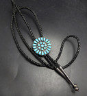 Vintage Bolo Tie Sterling Silver Turquoise Cluster Black Leather Cord 925 Tips
