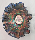Spectacular Fenton Autumn Acorn Carnival Glass 3-in-1 Edge Bowl  Blue Iridescent