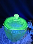 1930s Uranium Green Glass Princess Pattern Biscuit Cookie Jar 7 1 2  Tall Euc