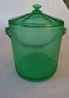 Vintage Rare Depression Glass Biscuit Jar W wicker Handle Leaf Design-glows