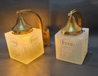 Pair Vintage Art Deco Brass Esso Wall Fixture Sconces Ship Light Lamp Sign Board