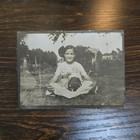 Vintage B w Photo Snapshot Of Young Girl W  Creepy Dolls   Father In Background