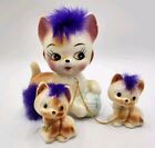 Vintage Anthropomorphic Ceramic Chained Cat Kittens W violet Fur Figurine Japan