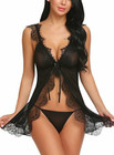 Women Sexy Deep V Open Front Sleepwear Lace Sheer Babydoll Dress Lingerie Us