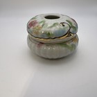 Hand Painted Antique Hair Receiver Dresser Porcelain Flowers Yellow Pink Gold