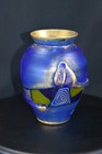 Hand Painted Blue Gold Over Clear Glass Vase With Applied Wrapped Flower   Stem