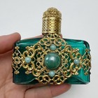 Vintage Czech Aqua Green Glass Gilt Filigree Cabochon Jeweled Perfume Bottle