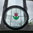 Vintage Round Stained Glass Window 24 5    Tulip Floral Architectural Salvage