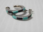 Vintage Zuni Pueblo Indian Turquoise   Jet Half Hoop Sterling Silver Earrings