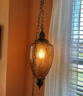 Vintage Mcm Amber Crackle Glass Swag Lamp Light Pendant With Diffusser 1970s