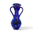 Vintage Cobalt Blue Glass Vase Floral Gold Gilt Bohemian Two Handles 1950 s 1960