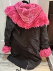 Womens Black Parka Jacket Hot Pink Faux Fur Lined Hood Snap Front Size S