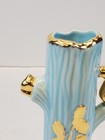 Vintage Mid Century Vase Warranted 22k Gold Squirrel Leaf Design Turquoise Blue