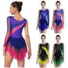 Us Womens Long Sleeve Figure Ice Skating Rhinestone Ballet Skirted Leotard Dress