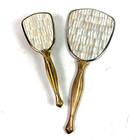 Vintage Gold Tone Vanity Hand Mirror And Hair Brush Set Mother Of Pearl Shell