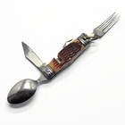 Vintage Wood Handle Folding Camping Multi-tool Knife Fork Spoon Bottle Opener