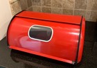 Vintage Style Red Metal Bread Box Roll Top Window Kitchen Storage Organization