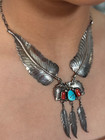 Vintage Navajo Turquoise Coral Flower Feathers Leaves Sterling 17  Necklace 31 g