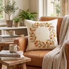 Embroidered Botanical Leaf Wreath Pillow Cover  Autumn Farmhouse Cushion Decor
