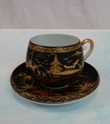 Vintage Kutani Japanese Lithophane Of Geisha Girl Demitasse Black Cup And Saucer