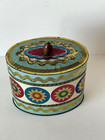 Embossed 1961 Oval Christmas Tin Sunburst Designs Lid Slk Co  Blue Red Gold 6x4
