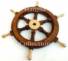 Solid Brass Six Spoke New Handle With Brown Wooden Wheel Pirate Wall Boat Decor