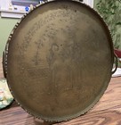 Vintage 12    Round Heavy Solid Brass Etched Tray With Handles Asian Inspired
