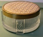 Vintage Ribbed Glass Powder Jar Pink Gold Brocade Lid Floral Vanity Trinket Box