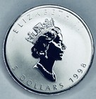 1998 1 Oz Silver Maple Leaf       tiger Privy       Canada 5 Dollars