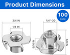 100 Pack 1 4 -20 T-nut  304 Stainless Steel Threaded Insert  4-pronged Tee Nut F