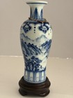 Vintage Chinese Blue white Landscape Miniature Meiping Vase Qianlong Mark Stand