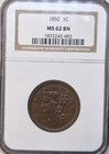 1852 Large Cent Ms62 Bn Ngc  N-12  Free Shipping