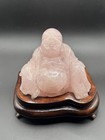 Hand Carved Rose Quartz Budai Laughing Buddha Sculpture With Wood Base